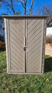 lot 212 image: Contico Mega Shed Free Standing Storage Shed with Shelves