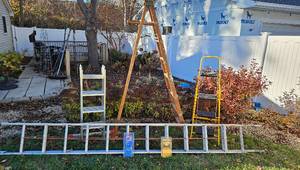 lot 235 image: 4 Ladder Bundle - ClimbTek Model 84161 articulated 15.5 ft ladder, 3 step utility ladder, Aluminum 14 ft Extension Ladder and Wooden Step Ladder