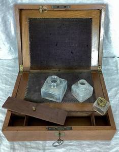 lot 241 image: Antique Writing Desk with key plus 3 Uranium Glass Inkwells