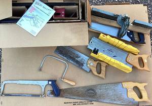 lot 245 image: Collection of Saws- Miter Saw, Hand Saw, Black & Decker Workmate work Bench