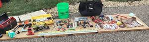 lot 253 image: Hand Tools Assortment with Laser Leveling Kit, Long Level, plus Metal Tool Box and Rolling Tool Bag