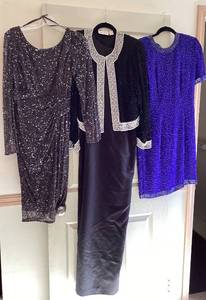 lot 273 image: Vintage Laurence Kazar Formal Dress with Beaded Jacket Silk Dress, Patra Long Sleeve Sheath Dress, Vintage Stenay Royal Blue Beaded Dress