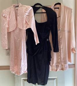 lot 274 image: Vintage J.R. Nites Caliendo 2 Pc Tank Dress & Long Sleeve Dress, All That Jazz Pale Peach Short Jacket Dress, BB Collections Vintage 80s Black Dress