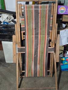 lot 34 image: Vintage Folding Lawn Chair with Striped Fabric