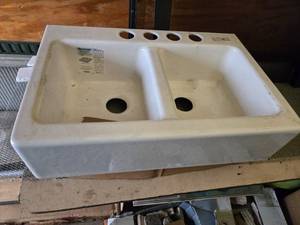 lot 55 image: Kohler Cast Iron Double Basin Sink with Hawthorne Accessories