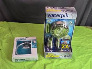 lot 80 image: Waterpik Dual PowerPulse Massage Shower Head with 6 Spray Settings and Futura Towel Holder