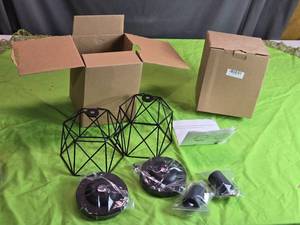 lot 83 image: Set of 2 Black Wire Pendant Light Fixtures with Ceiling Canopy Kits