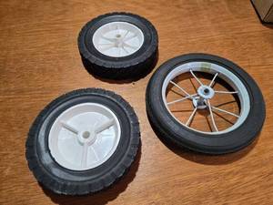 lot 219 image: Set of 3 Plastic Wheels with Rubber Tires - 6 Inch Diameter