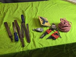 lot 226 image: Mixed Lot of Hand Tools and Accessories Including Files, Hex Keys, Hot Glue Gun, and Rope
