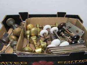 lot 36 image: Lot of Antique Door Hardware #2 - Brass & Ceramic Doorknob Sets