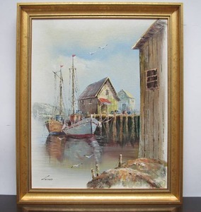 lot 72 image: Very Nice Signed Vintage Oil on Canvas Harbor Scene Painting