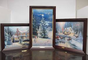 lot 74 image: Lot of 3 Bradford Exchange THOMAS KINKADE Illuminated Canvas Christmas Prints