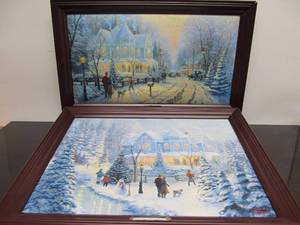 lot 82 image: 2 Bradford Exchange THOMAS KINKADE Illuminated Canvas Christmas Prints
