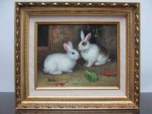lot 88 image: Wonderful Signed Original Oil on Canvas Painting wBunnies