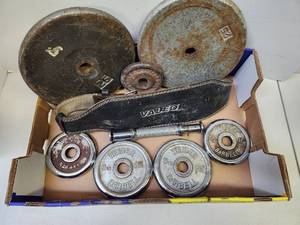 lot 117 image: Lot of Assorted Weight Plates & Barbell