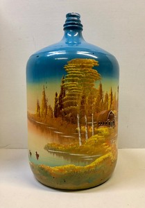 lot 307 image: Great Looking Vintage Hand Painted 5 Gallon Glass Jug  Demijohn by MN Artist Jake Overbeek