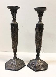 lot 314 image: Pair of Heavily Decorated Ornate Vintage Chased Silverplated Candle Stands