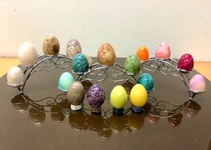 lot 224 image: Group of Genuine Carved Stone Eggs wDisplay Stand