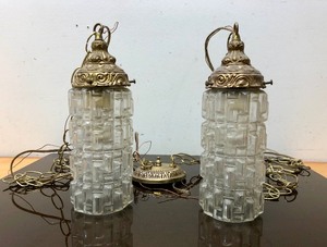 lot 248 image: Pair of Vintage Hanging Brass & Skyscraper Style Glass Pendant Lamps