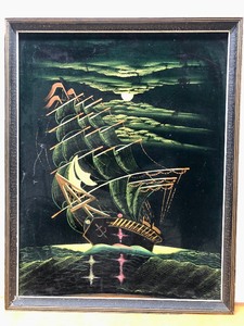 lot 252 image: Great Looking Large Mid Century Black Velvet Ship Painting