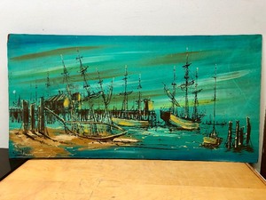 lot 254 image: LARGE Great Looking Mid Century Original Oil on Board Shoreline Scene wBoats - Signed Sionilli