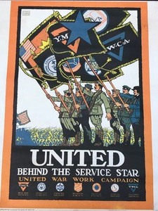 lot 346 image: Vintage UNITED BEHIND THE SERVICE STAR Military War Poster 