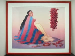 lot 373 image: Vintage R.C. Gorman Lady Chili Peppers Lithograph Framed 34