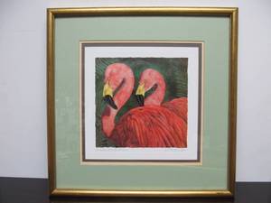lot 372 image: Vintage Flamingo Art Print Our Ladies Of The Front Lawn Signed Will Bullas 17.5