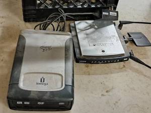 lot 757 image: iOmega Super DVD RRW Player and Linksys Wireless-N Gigabit Router WRT350N,  Cables
