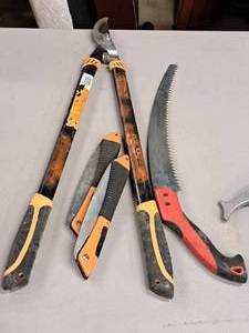 lot 588 image: Lot of (4) Tree Trimming Tools - Bypass Lopper, Tree Saw, Cutters
