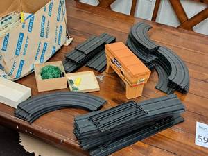 lot 596 image: Slot Car Race Track Set - Track, Lap Counter Track Tower, Power Cords, Controllers and Accessories