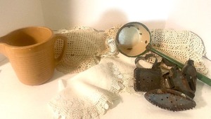 lot 113 image: Crock Pitcher, Cookie Cutters and Enamel Ladle