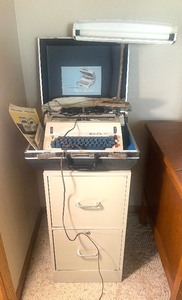 lot 136 image: Vintage Office Lot Typewriter, Desk Lamp File Cabinet