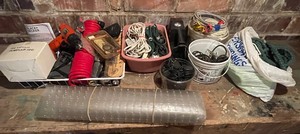 lot 158 image: Household LOT - Cordless Drill, Air Hose, Extension Cords, Collapsing Garden Hose