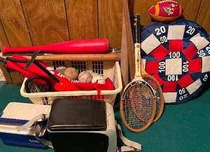 lot 170 image: Sporting Goods LOT - MN Gophers Football, Bats and Balls, Tennis Rackets, Small Coolers