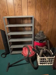 lot 174 image: Metal Shelving Unit and Two Shop Vacs with Accessories