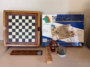 lot 229 image: Large Game Lot Cribbage, Checkers, Pick Up Sticks, Racing Horse Game, Chinese Checkers