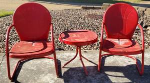 lot 155 image: Two Vintage Red Metal Patio Chairs with Side Table (LOT 2 of 2)