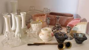 lot 191 image: Reed and Barton Silverplate Candlesticks, Crystal Candlesticks, Milk Glass Vases, Planters