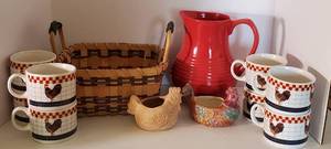 lot 200 image: Rooster Coffee Mugs and Red Pitcher