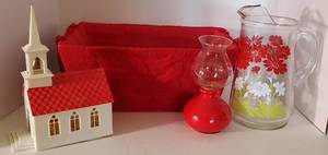 lot 189 image: Vintage Red Floral Pitcher, Christmas Church, Red Basket, Small Red Vase