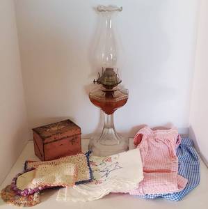 lot 201 image: Antique Oil Lamp and Recipe Box, Vintage Aprons