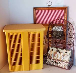 lot 226 image: Vintage Decor- Hamper, Chalkware Plaque, Shelf and Mirror