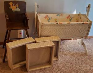 lot 231 image: Vintage Wicker Bassinet, Wicker Drawers from a Changing Table and Wood High Chair