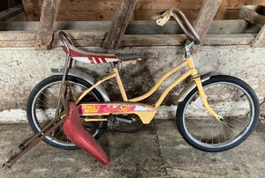 lot 5 image: Vintage Red Banana Seat and Columbia Sweet Miss Childs Bike