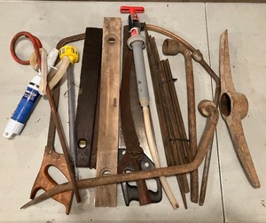 lot 34 image: Hand Tools LOT - Saws, Levels, Files, Lug Wrenches