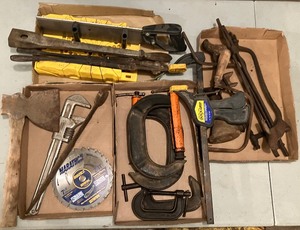 lot 35 image: Mixed LOT - Hatchet, Pipe Wrench, C-Clamps, Mitre Box with Saw, Bar Clamp