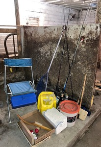lot 40 image: Fishing LOT - Chair, Six Fishing Poles, Four Fishing Reels, Scaling Board, Two Minnow Buckets