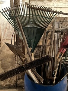lot 43 image: Gardening LOT - Roof Rake, Shovels, Rakes, Brooms and More