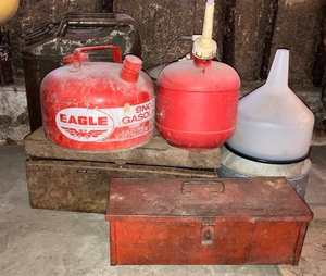 lot 75 image: Vintage Garage LOT - Three Metal Gas Cans, Two Metal Toolboxes, Two Funnels